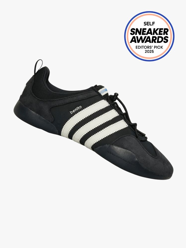Adidas and Bad Bunny collab sneaker in black with white stripes. The SELF Sneaker Awards seal is in the top right corner.