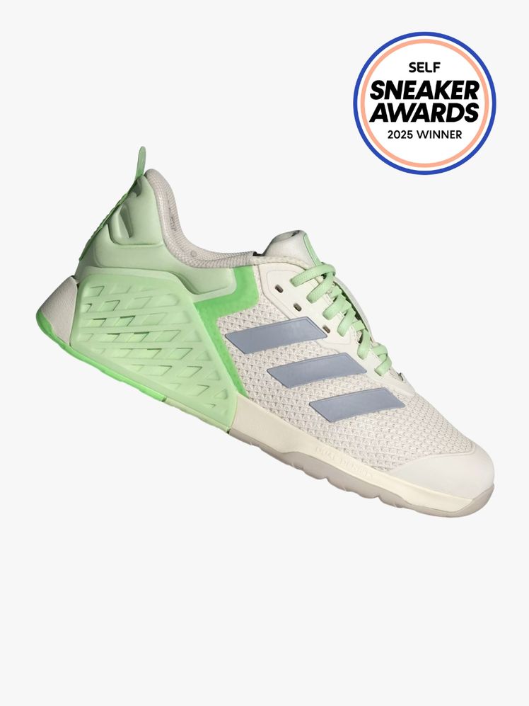 Adidas Dropset 3 sneaker in cream gray and light lime green color way. The SELF Sneaker Awards seal is in the top right...