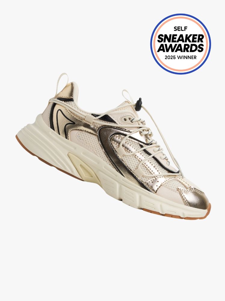 Aldo Clubfly shoe in cream color way with black and metallic detailing throughout. The SELF Sneaker Awards logo is in...