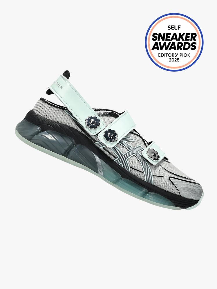 Asics and Cecilie Bahnsen collab shoe in silver black and light blue color way. The SELF Sneaker Awards seal is in the...
