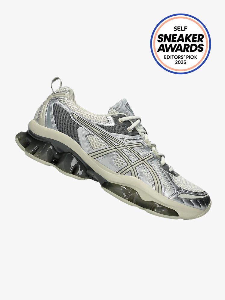 Asics Gel Quantum Kinetic sneaker in silver and cream color way. The SELF Sneaker Awards seal is in the top right corner.