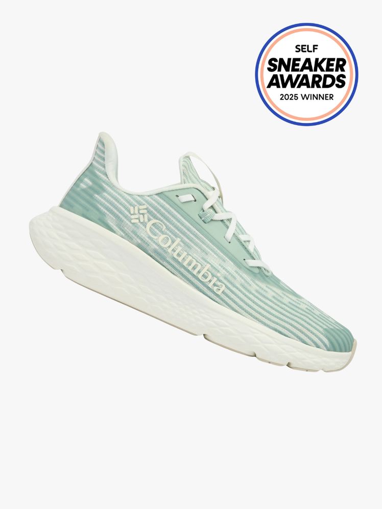 Columbia Sportswear Konos Swift shoe in a light sea foam color way. The SELF Sneaker Awards seal is in the top right corner.