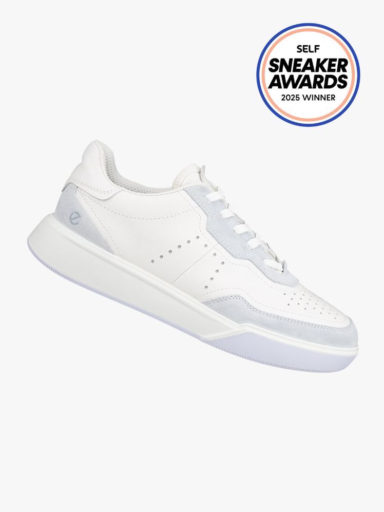 ECCO Street Court sneaker in allwhite color way. The SELF Sneaker Awards seal is in the top right corner.
