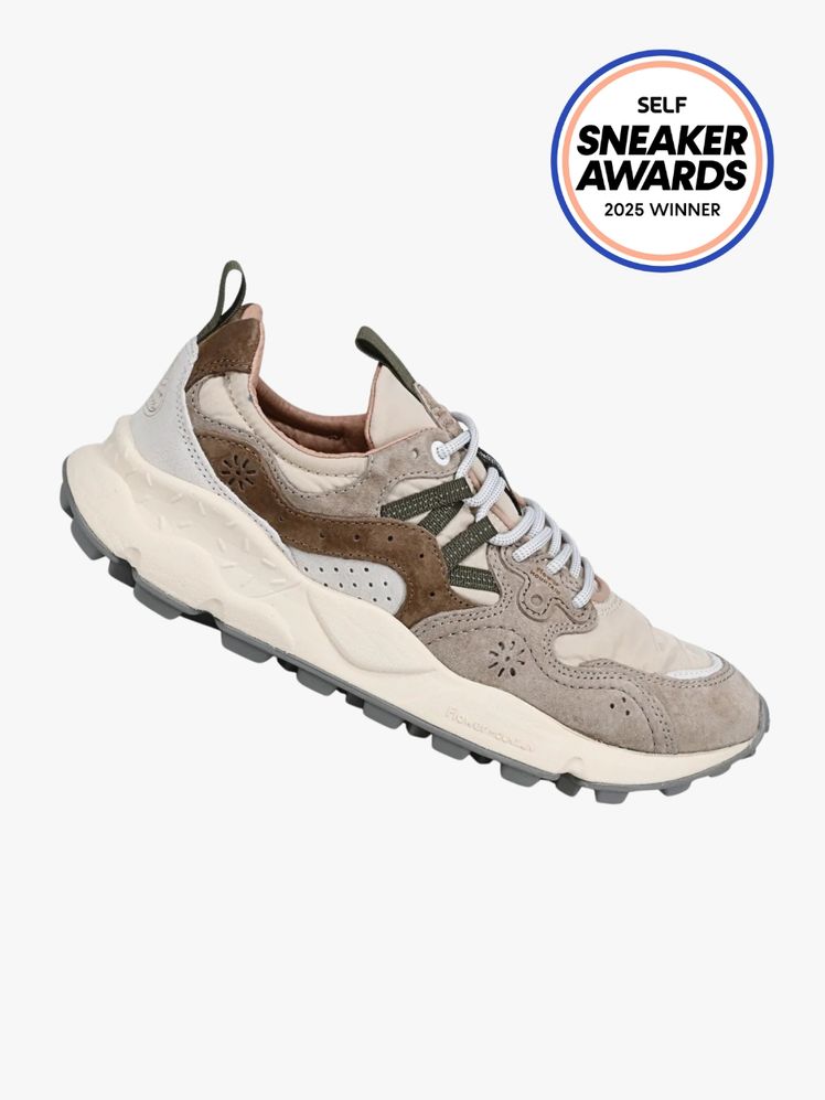 Flower Mountain Yamano 3 sneakers in a beige neutral color war. The SELF Sneaker Awards seal is in the top right corner.