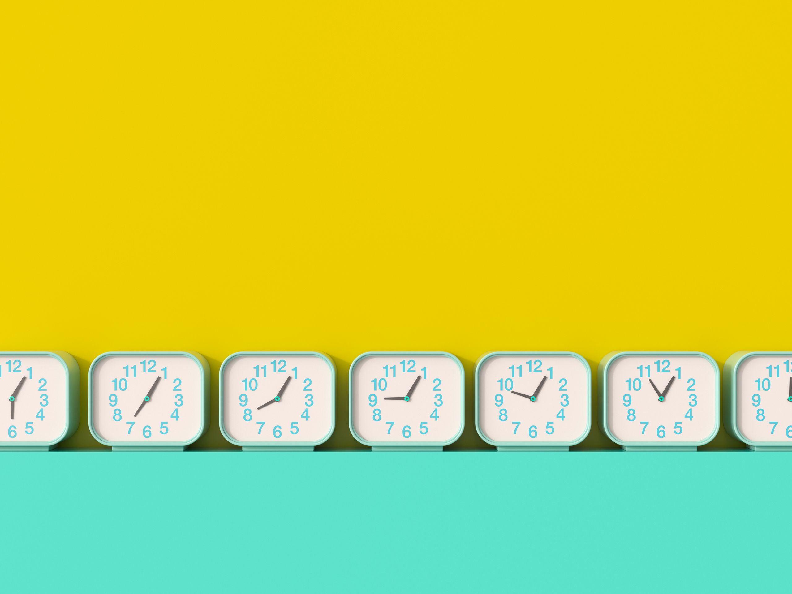 clocks in a row on a yellow and aqua background