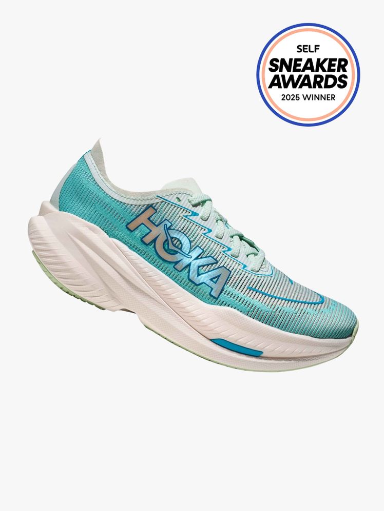 HOKA Mach X 2 sneaker in metallic turquoise and offwhite. The SELF Sneaker Awards seal is on the top right.