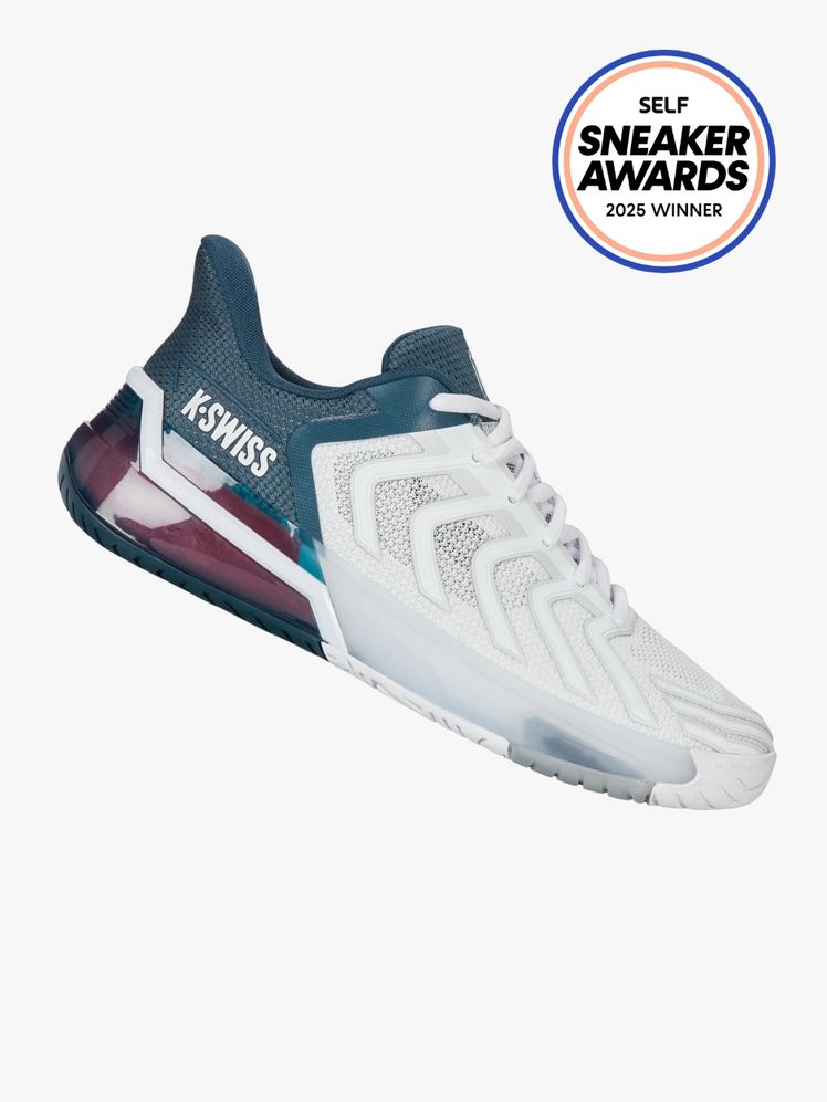KSwiss Ultrashot 4 sneaker in white teal and burgundy color way. The SELF Sneaker Awards seal is in the top right corner.