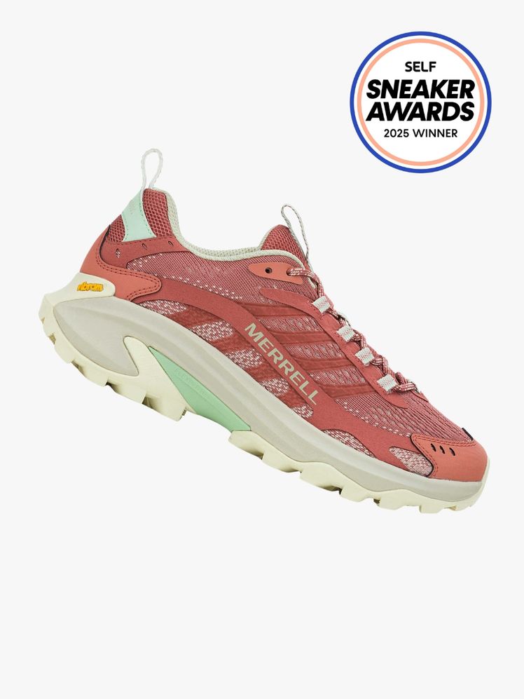 Merrell Moab Speed 2 sneaker in light green and brick red color way. The SELF Sneaker Awards seal is in the top right...
