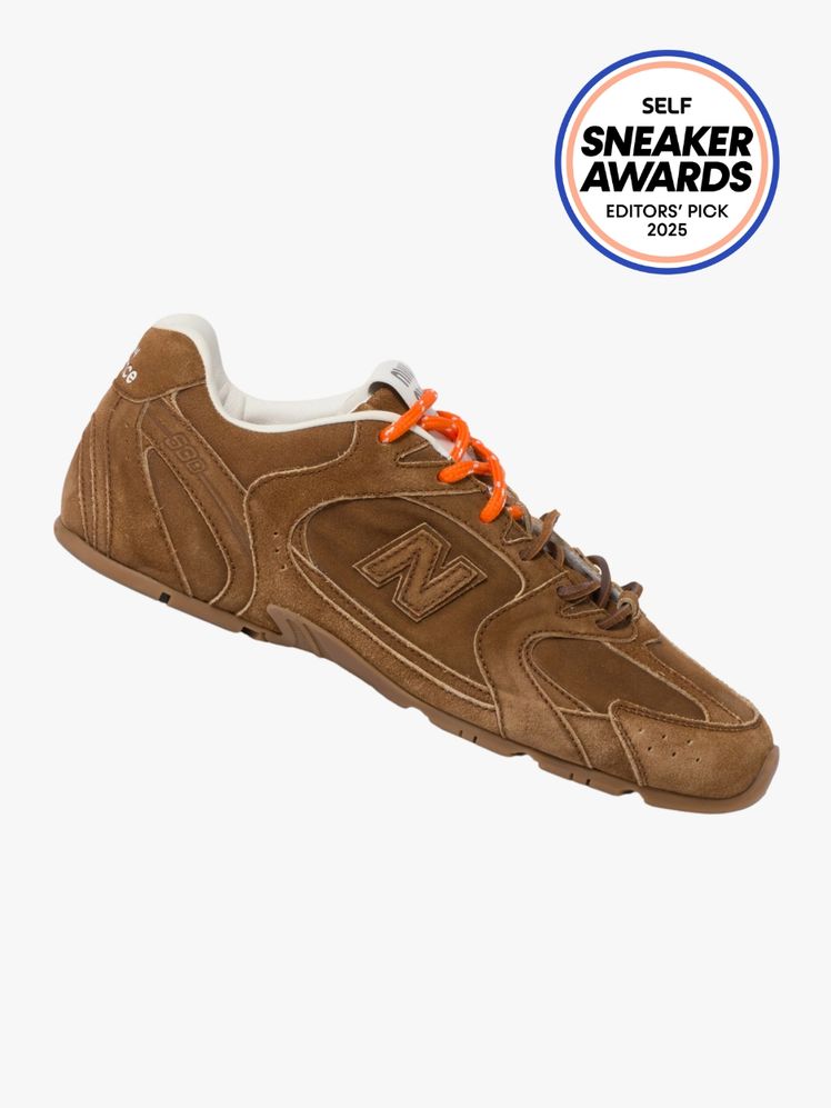 Miu Miu and New Balance collab sneaker in brown suede with orange and brown laces. The SELF Sneaker Awards seal is in...