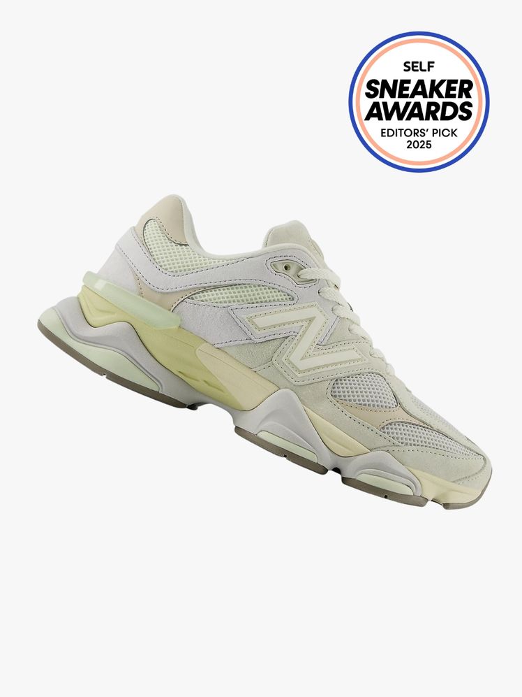 New Balance 9060 sneaker in off white and light yellow color way. The SELF Sneaker Awards seal is in the top right corner.