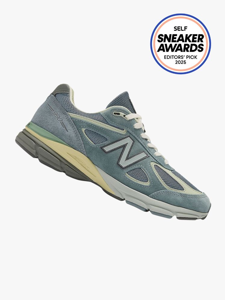 New Balance and Aurelee collab sneaker in grayish blue suede and mesh. The SELF Sneaker Awards seal is in the top right...