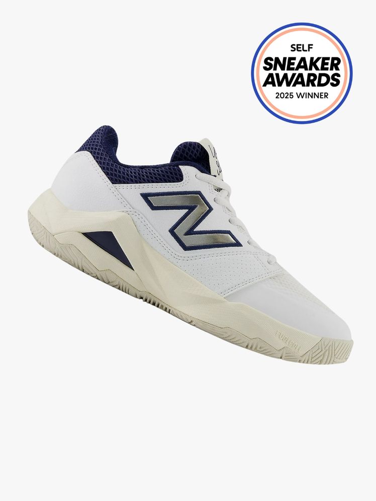 New Balance Coco Delray sneaker in white and navy blue color way. The SELF Sneaker Awards seal is in the top right corner.