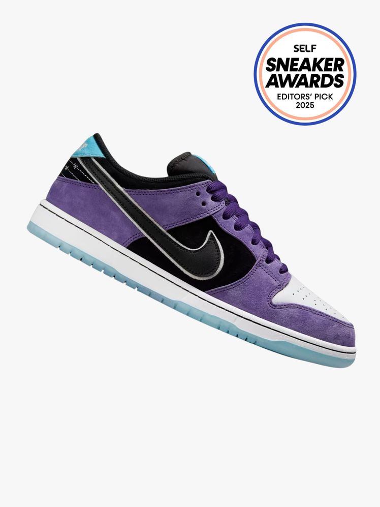 Nike and Hayley Wilson collab sneaker in black purple and light blue. The SELF Sneaker Awards seal is in the top right...