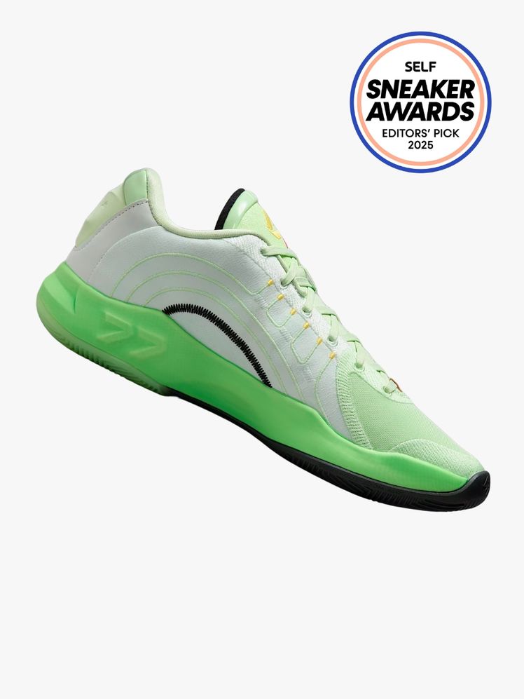 Nike Jordan Luka 4 sneakers in lime green with black details. The SELF Sneaker Awards seal is in the top right corner.