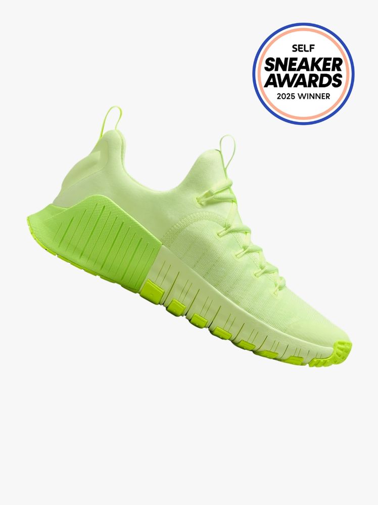 Nike Metcon 6 Free sneaker in light neon green color way. The SELF Sneaker Awards seal is in the top right corner.