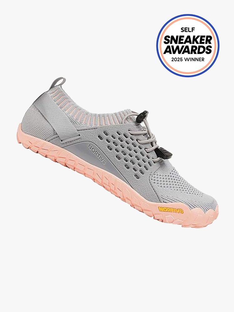 Nortiv 8 water shoe is gray and salmon pink color way. The SELF Sneaker Awards seal is in the top right corner.