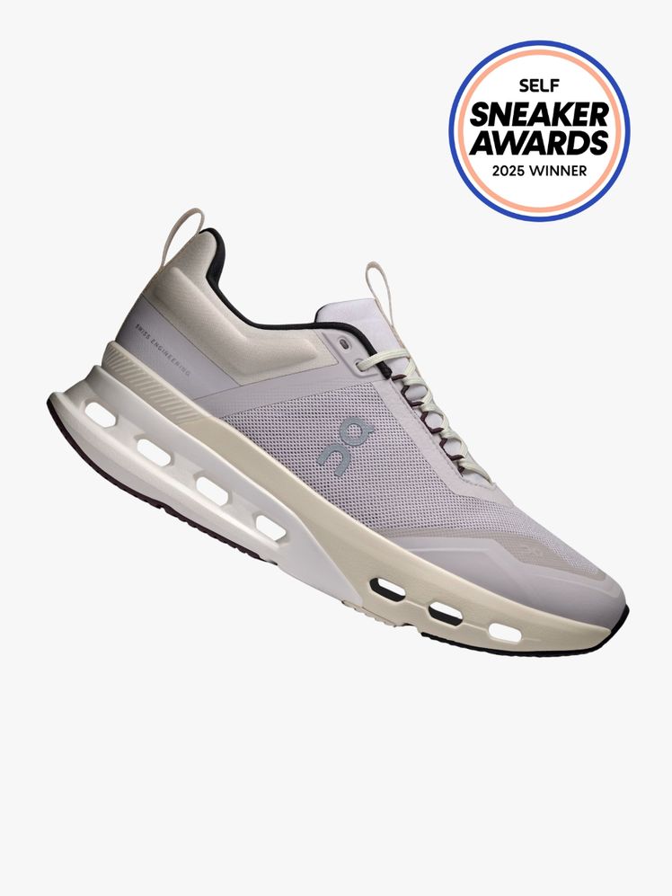 On Cloudnova X sneaker in white cream and black color way. The SELF Sneaker Awards seal is in the top right corner.