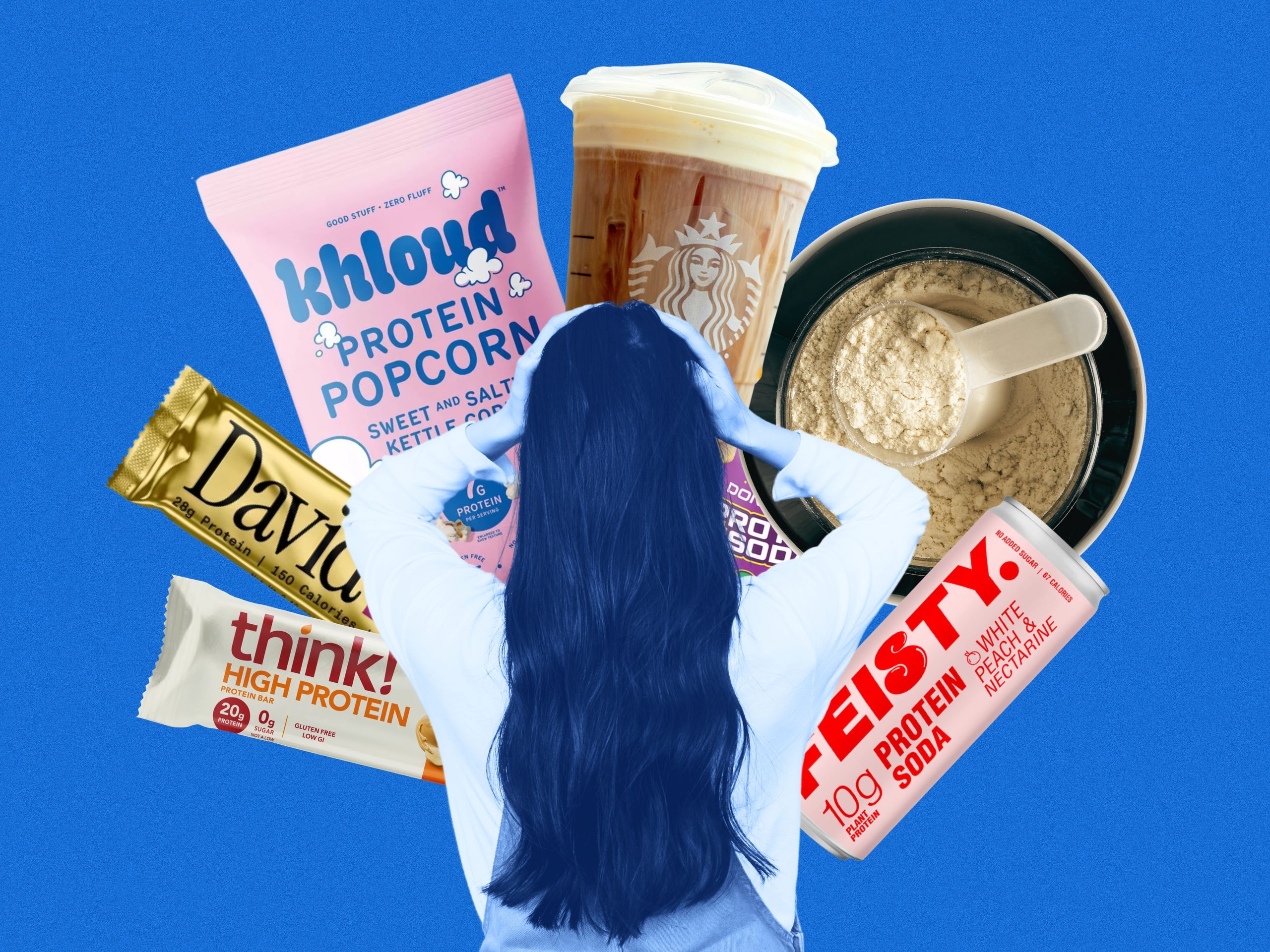 woman staring at highprotein foods in consternation