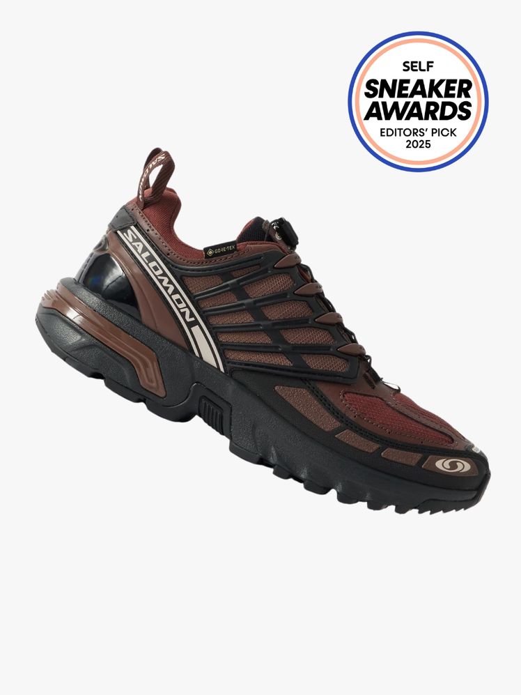 Salomon Acs Pro Gtx Gortex Mesh shoe in brown and black. The SELF Sneaker Awards seal is in the top right corner.