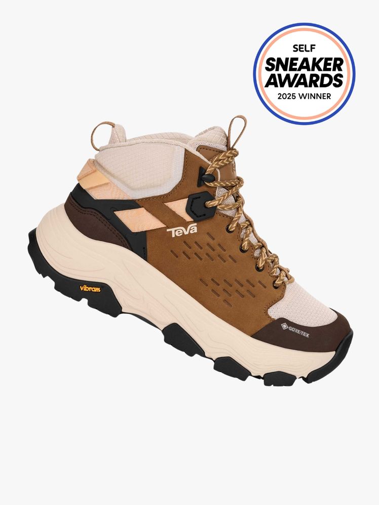 Teva Grandview Max GoreTex Hiking Boot in a brown and cream color way. The SELF Sneaker Awards seal is in the top right...